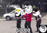 a group of cartoon characters are dancing in front of a white suv with the words $ dood written on the bottom