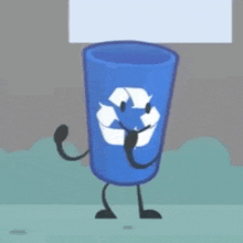 a blue recycling bin with arms and legs