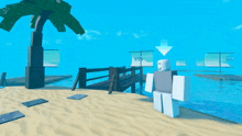 a white roblox character is standing on a sandy beach near a palm tree