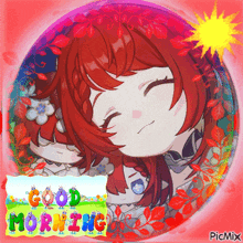 a picture of a girl with red hair and the words " good morning "
