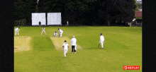 a group of cricket players are playing on a field with a replay button in the corner