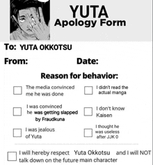 a yuta apology form with a picture of yuta okkotsu on it