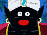 a close up of a cartoon character wearing a turban and earrings