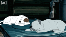 two dogs laying on a blue blanket with the word [ as ] on the bottom left