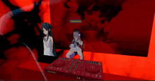 a screenshot of a video game shows a girl standing next to a dj mixer and a sign that says skyhubblery