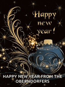 a happy new year greeting card with a perfume bottle