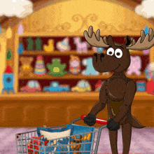 a cartoon moose pushes a shopping cart full of toys