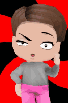 a cartoon girl with short brown hair is wearing a gray shirt and pink pants