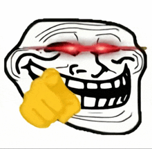 a troll face with red eyes and a yellow fist in its mouth