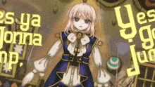a girl in a blue dress is standing in front of a sign that says yes