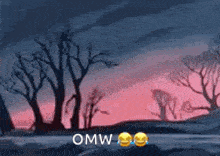 a painting of a sunset with trees in the foreground .