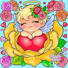 a drawing of a cupid holding a heart in a flower