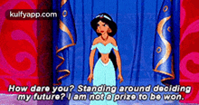 a cartoon of jasmine standing in front of a blue curtain