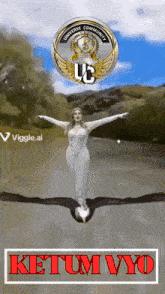 a woman in a white dress is flying in the air with an eagle in the background