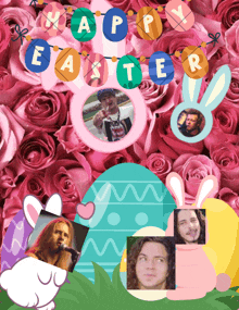 a collage of easter eggs and flowers with a banner that says " happy easter "