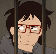a cartoon character with glasses and a bug on his head