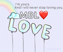 a drawing of balloons that say love with a rainbow in the background