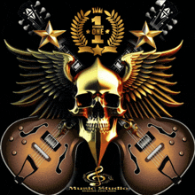 a gold skull with wings is surrounded by guitars and a music studio logo