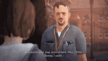 a man in a blue shirt is talking to a woman in a video game ..