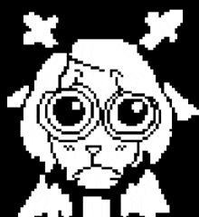 a black and white pixel art of a sheep with a skull and crossbones on its head .