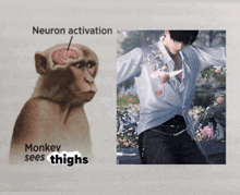 a picture of a monkey next to a picture of a man with the words monkey sees thighs