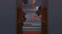 a video game scene with a door open and a sword flying through it