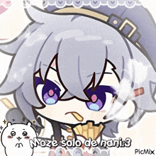 a cartoon drawing of a girl with purple eyes and the words " moze solo de nanit 3 " on the bottom