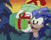 sonic the hedgehog is holding a pile of presents in his hands .