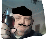a man with a mustache and beret holds a glass of wine