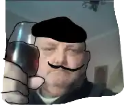 a man with a mustache and beret holds a glass of wine