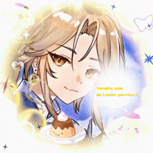 a picture of a girl with a pudding on a plate and the words hanging solo de lester perritos 3