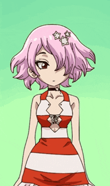 a girl with pink hair is wearing a striped dress
