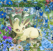 a picture of a leafeon surrounded by blue flowers and butterflies