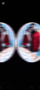 a blurred image of a person in a red jacket is displayed on a black background