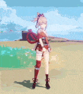 a girl in a video game is holding a sword