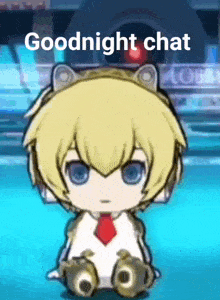a cartoon character with a cat ear and a red tie says goodnight chat
