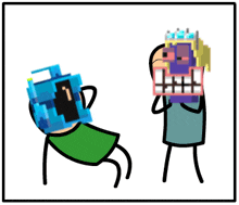 a cartoon of a person holding a blue box with a i on it