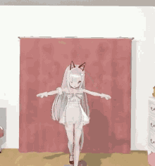 a 3d anime girl is standing in front of a red curtain in a bedroom .