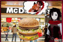 a picture of a mcdonald 's with a hamburger in front of it