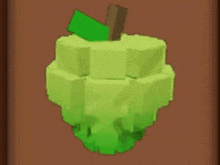 a 3d rendering of a green apple with a wooden stem and a green leaf on a brown background .