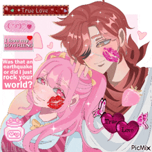 a pixel art of a girl and a boy with the words " true love " on the bottom
