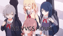 a group of anime girls standing next to each other with the words " its vvgs hour " written on the bottom