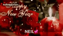 a happy new year greeting card with red roses and candles .
