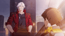 two anime characters are standing next to each other with one of them wearing a red jacket that says ' devil may cry ' on it