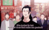 a man with long hair is standing in front of a crowd of people in a city .