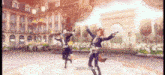 two anime characters are dancing in front of a building in a video game .