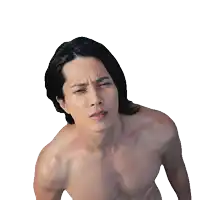 a shirtless man is making a funny face