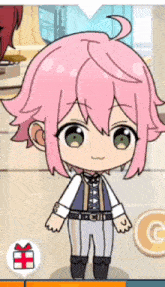a cartoon character with pink hair is wearing a blue vest