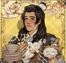 a picture of a man with the word love on the bottom right