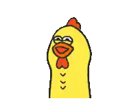 a cartoon chicken with a red crest is smiling and looking at the camera with its eyes closed .
